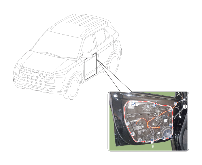 Hyundai Venue. Front Door Module. Components and components location